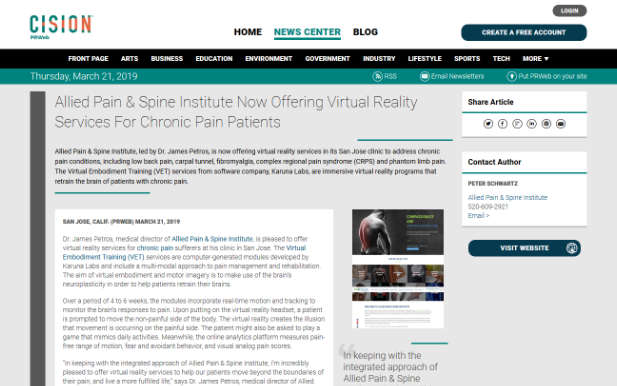 Screenshot of an article: Allied Pain & Spine Institute Now Offering Virtual Reality Services For Chronic Pain Patients